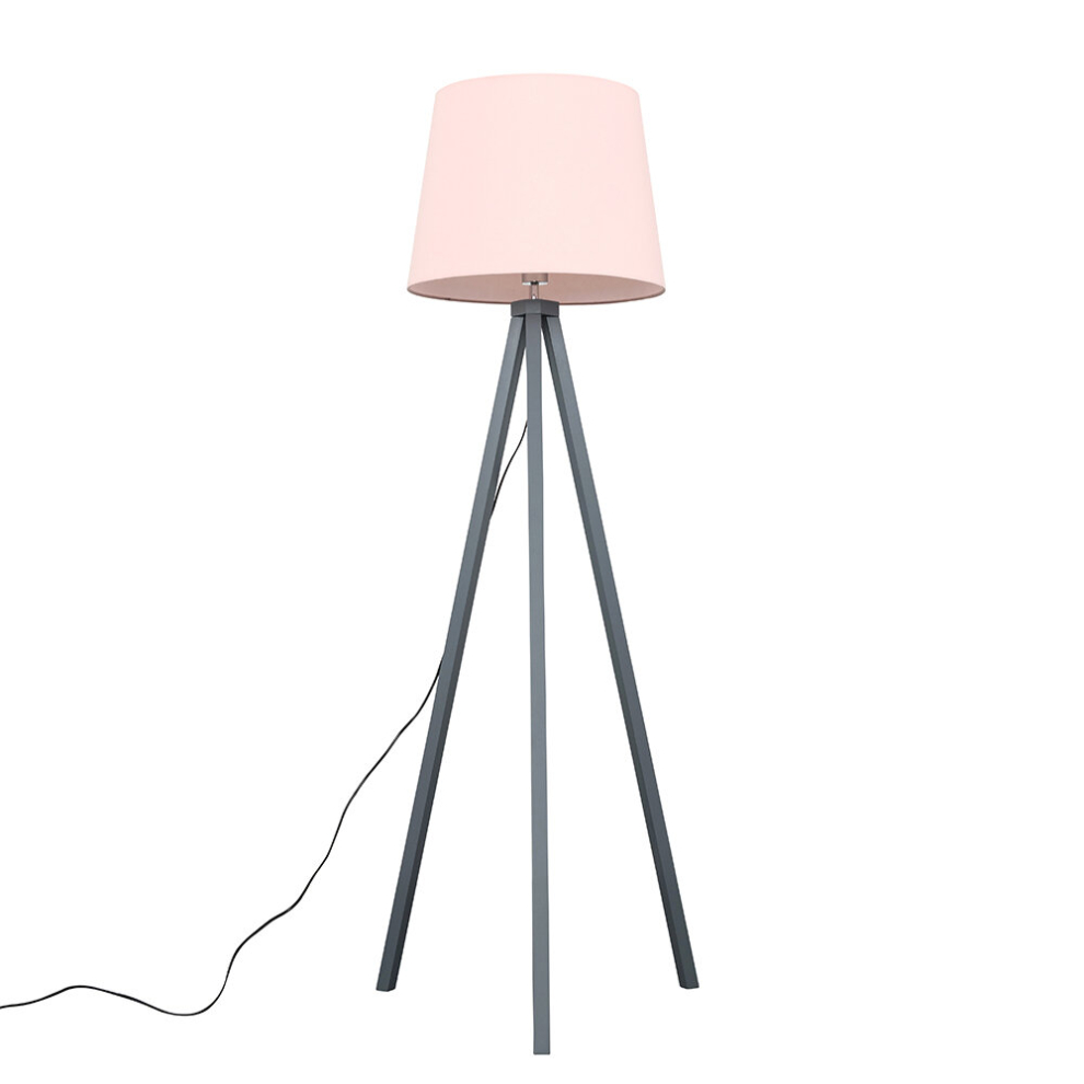 Modern Grey Wood Tripod Design Floor Lamp with a Pink Tapered Shade - Complete with a 6w LED Bulb [3000K Warm White]