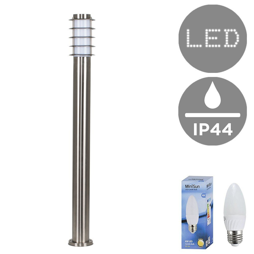 Modern Outdoor Stainless Steel 1 Metre Tall Bollard Lantern Light Post - Complete with a 4w LED Candle Bulb [3000K Warm White]