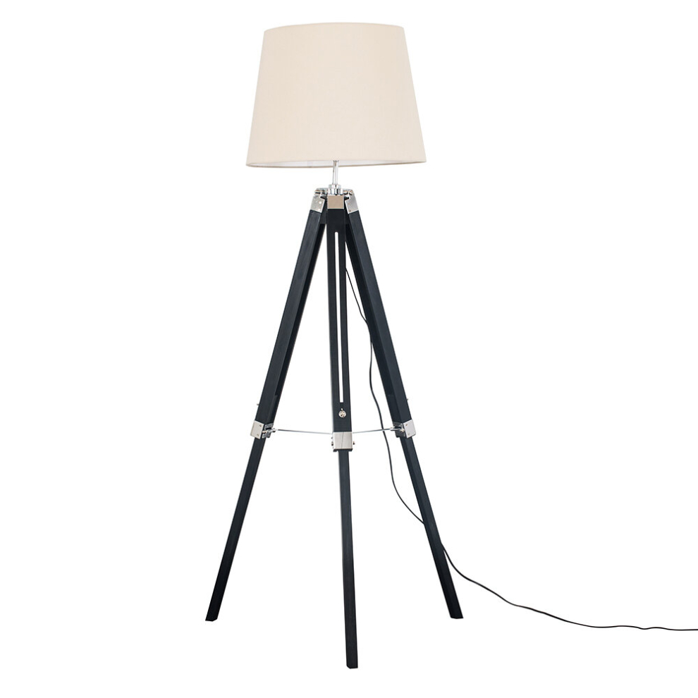 Modern Black Wood and Silver Chrome Tripod Floor Lamp with a Beige Tapered Light Shade