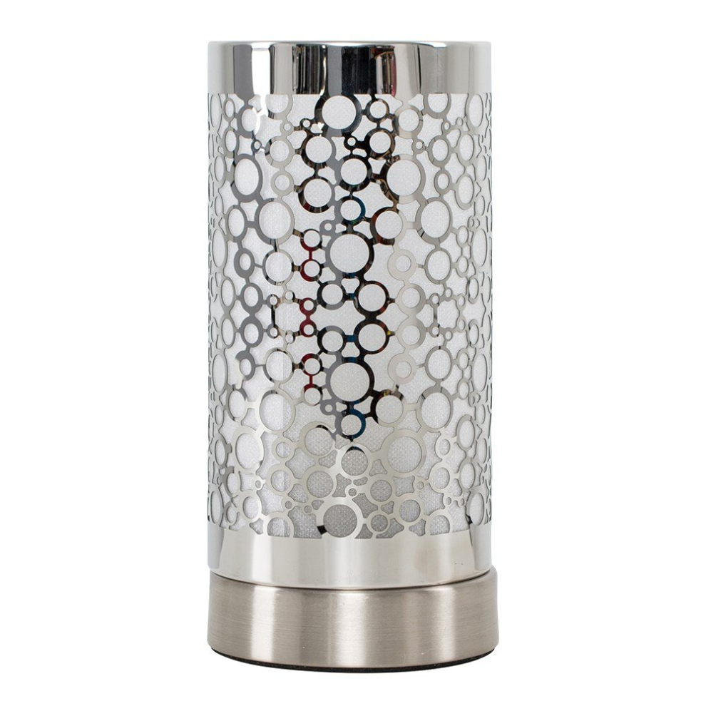 Modern Brushed Chrome Touch Dimmer Bedside Table Lamp with a Silver Chain Design Shade