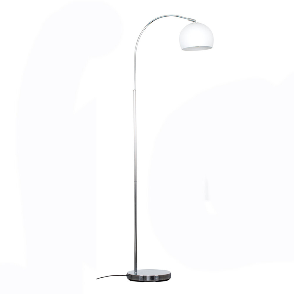 Modern Designer Style Polished Chrome Curved Stem Floor Lamp with a Gloss White Arco Style Metal Dome Light Shade