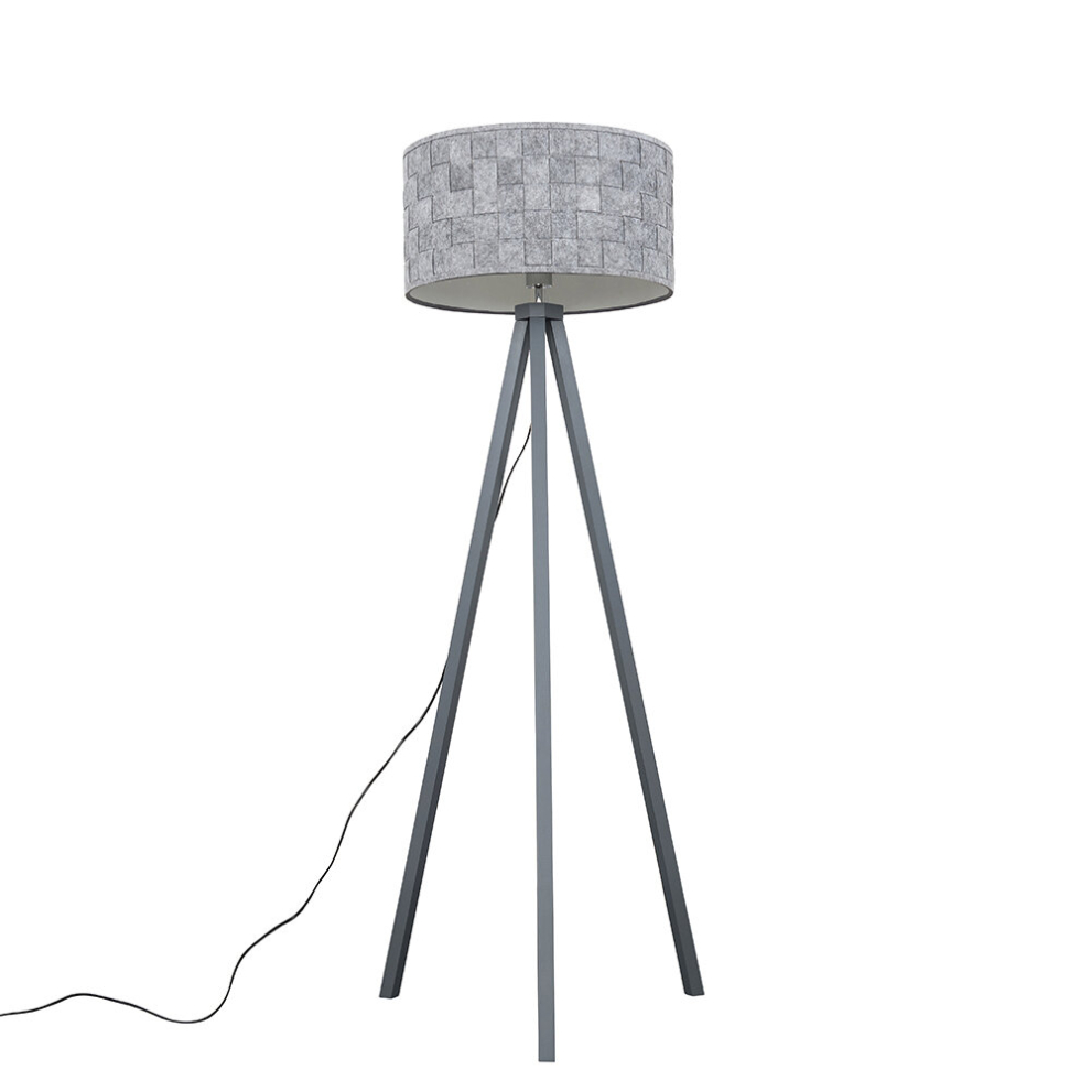 Modern Grey Wood Tripod Floor Lamp with a Grey Felt Drum Shade - Complete with a 6w LED Bulb [3000K Warm White]