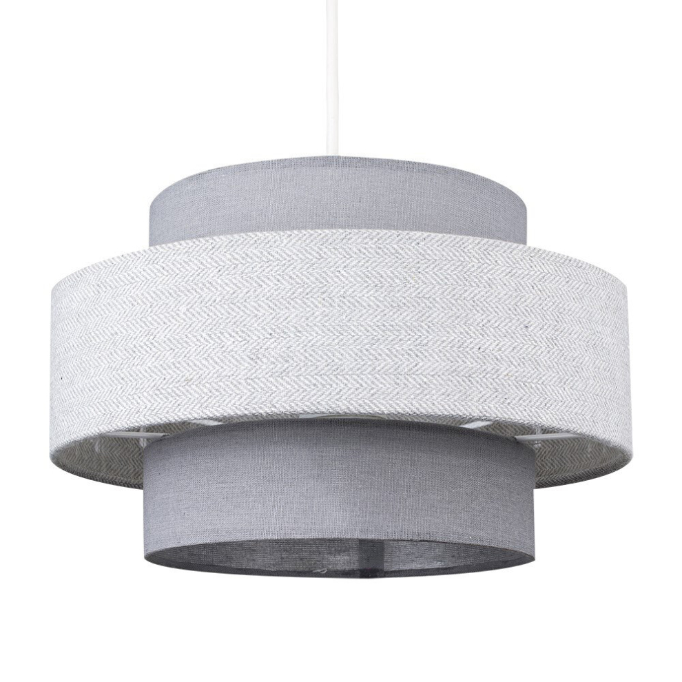 Modern Cylinder Ceiling Pendant Light Shade in a Dark Grey & Light Grey Herringbone Finish - Complete with a 10w LED GLS Bulb [3000K Warm White]