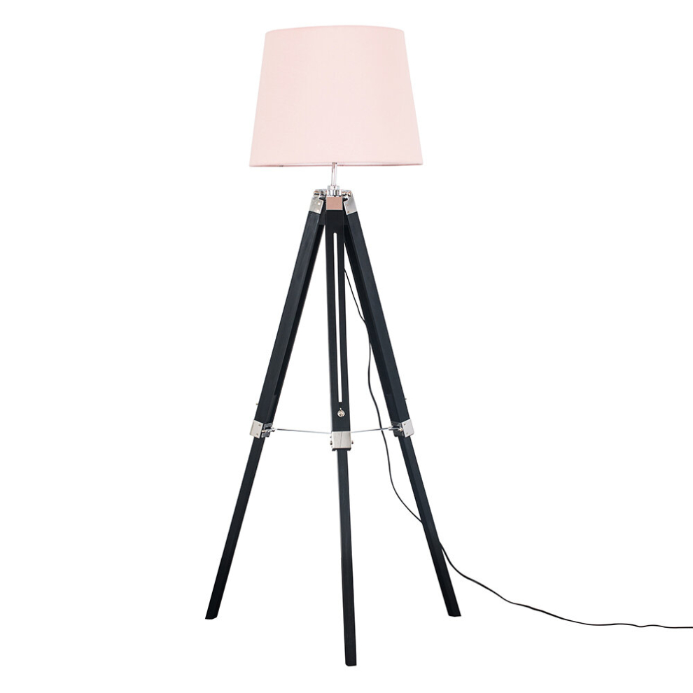 Modern Black Wood and Silver Chrome Tripod Floor Lamp with a Pink Tapered Light Shade - Complete with a 6w LED GLS Bulb [3000K Warm White]