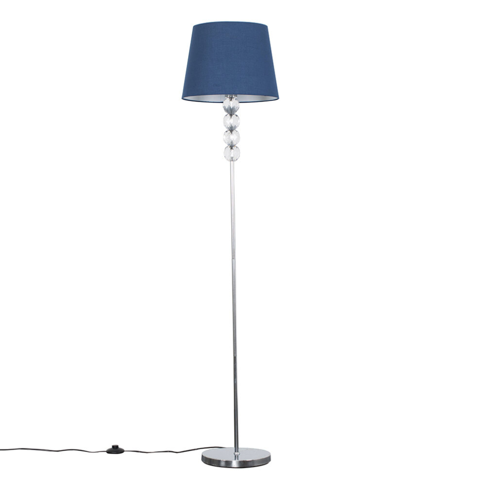 Modern Silver Chrome & Clear Acrylic Ball Floor Lamp with a Navy Blue Tapered Shade