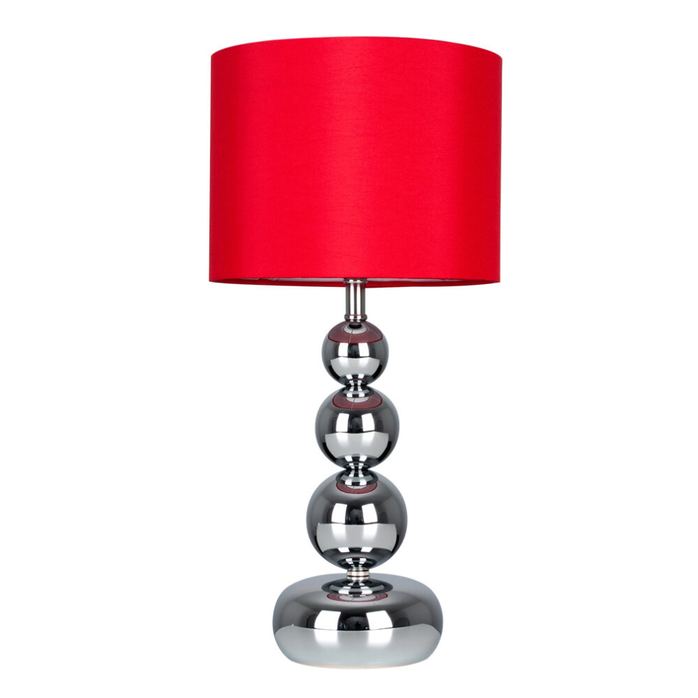 Pair of - Chrome Stacked Balls Table Lamps with Red Faux Silk Shades