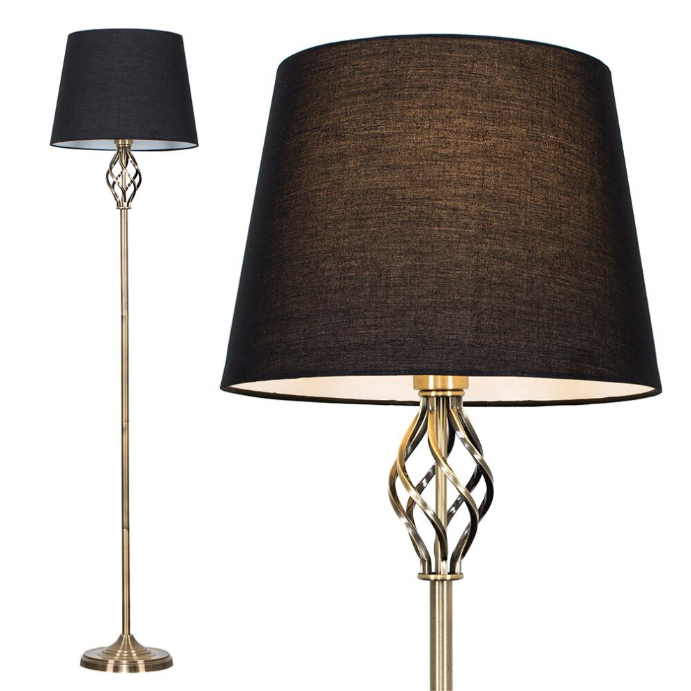 Memphis Twist Antique Brass Floor Lamp Black Tapered Shade