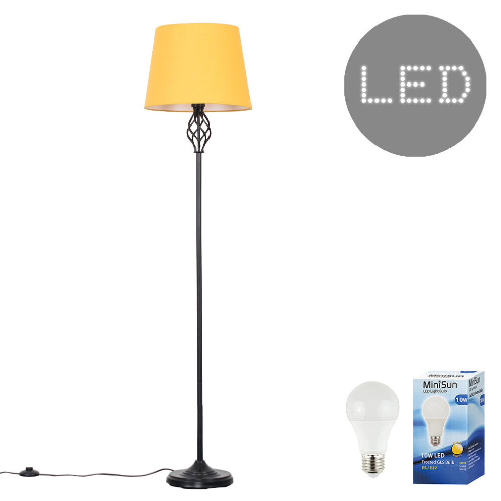 Traditional Style Black Barley Twist Floor Lamp with a Mustard Tapered Light Shade - Complete with a 10w LED GLS Bulb [3000K Warm White]