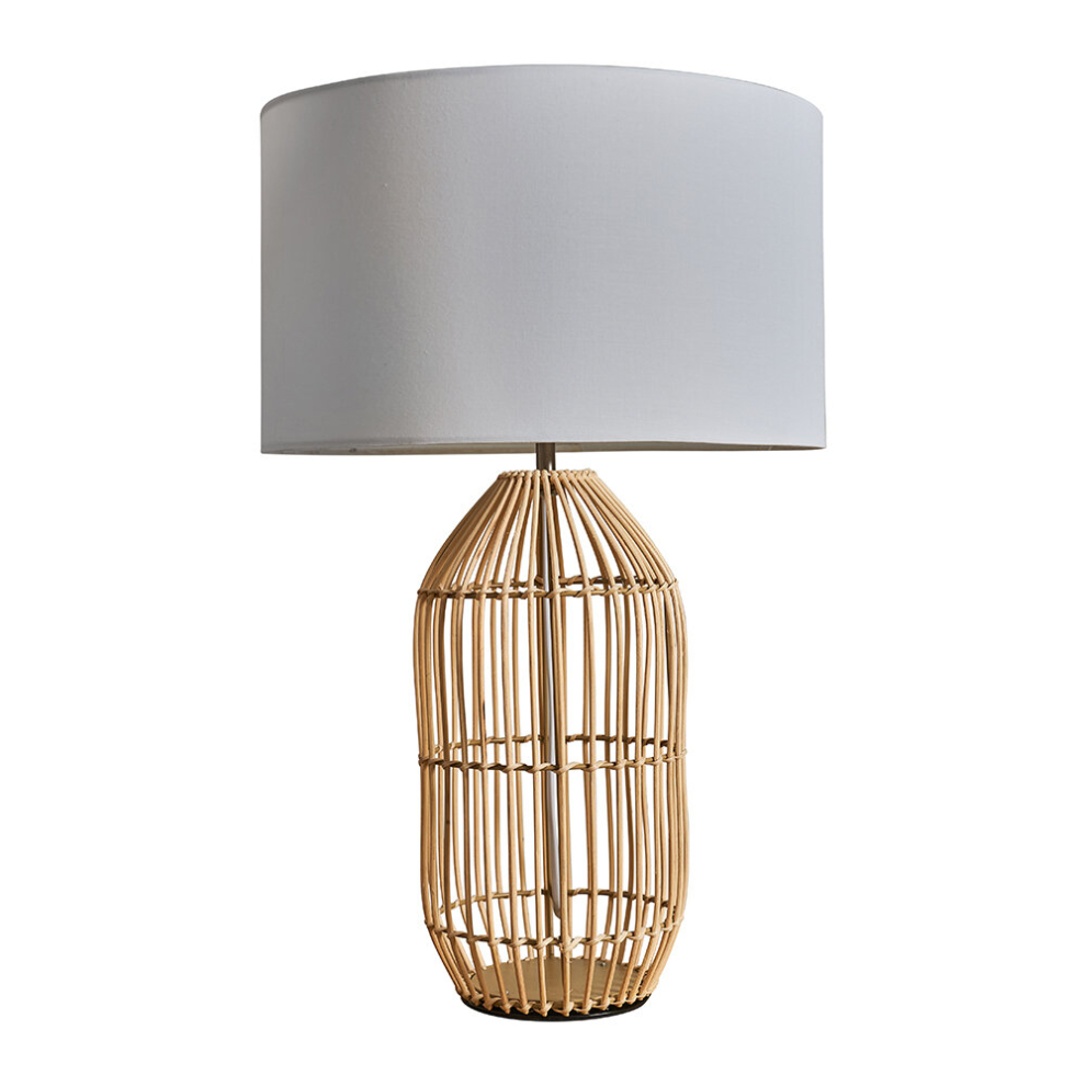 Contemporary Large Natural Rattan Cylinder Table Lamp with a White Cylinder Shade - Complete with a 6w LED GLS Bulb [3000K Warm White]