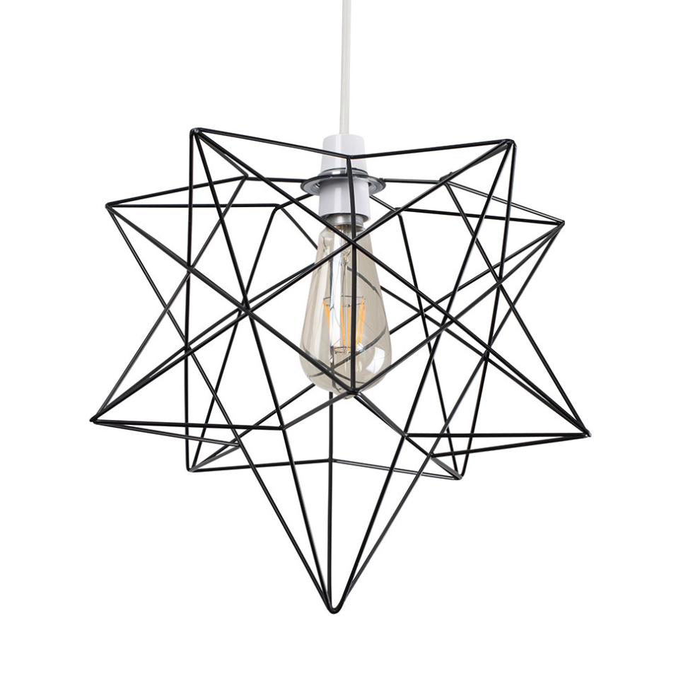 Retro Matt Black Geometric Star Design Ceiling Pendant Light Shade - Complete with a 4w LED Filament Bulb [2700K Warm White]