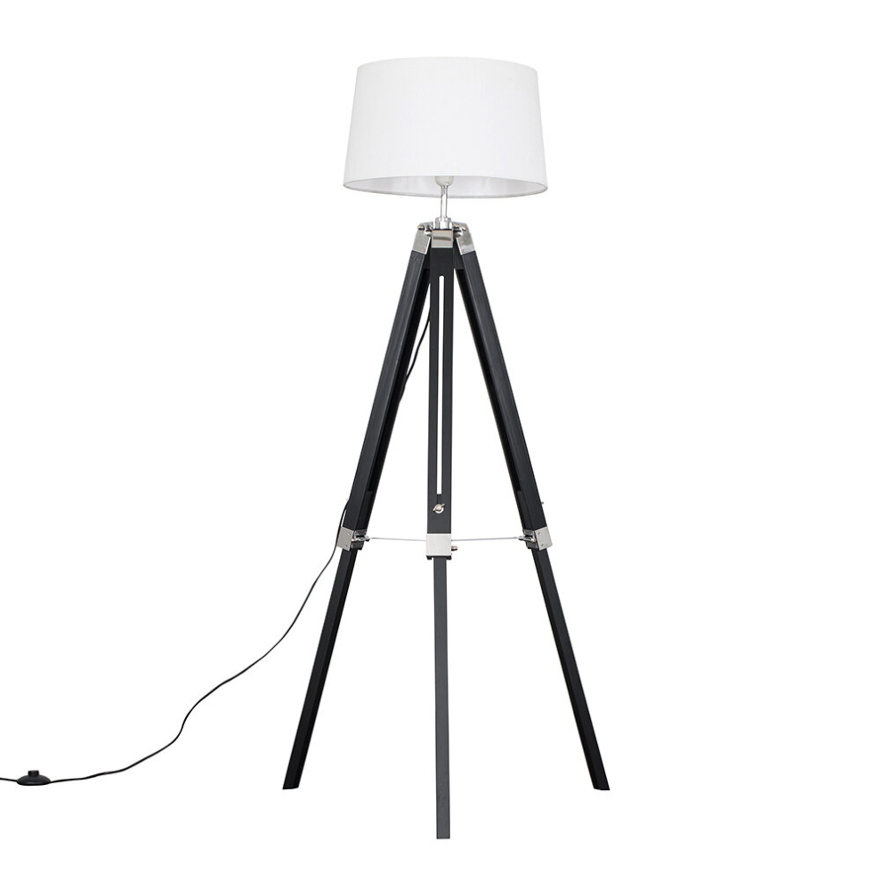 Modern Black Wood and Silver Chrome Tripod Floor Lamp with a White Tapered Shade