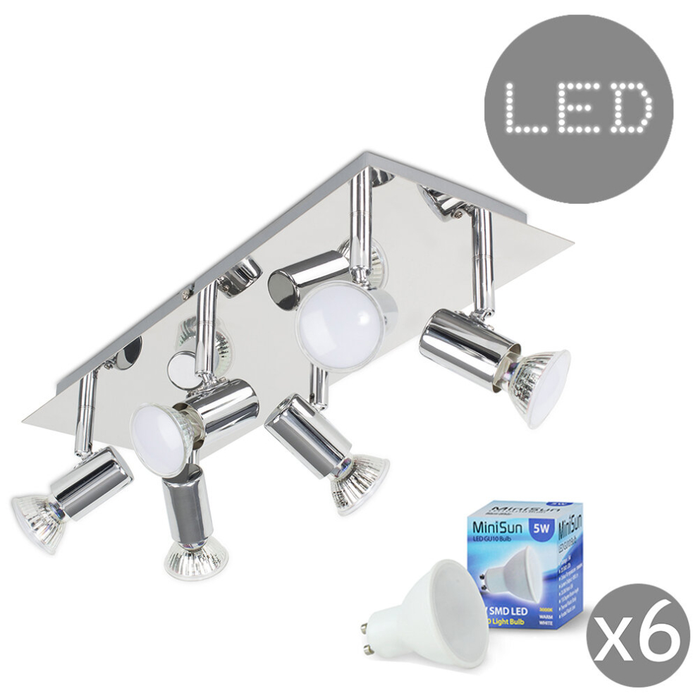 Modern Rectangular Silver Chrome 6 Way Adjustable GU10 Ceiling Spotlight - Complete with 5w LED Bulbs [3000K Warm White]