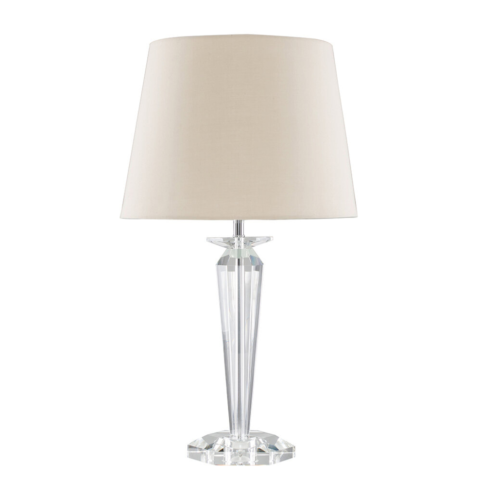 Modern Clear Genuine K9 Crystal Base Table Lamp with a Beige Tapered Shade - Complete with a 6w LED GLS Bulb [3000K Warm White]