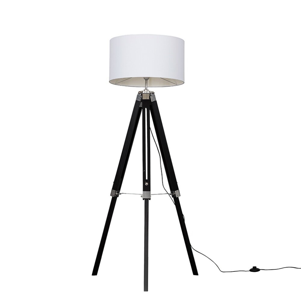 Modern Black Wood and Silver Chrome Tripod Floor Lamp with a White Drum Shade