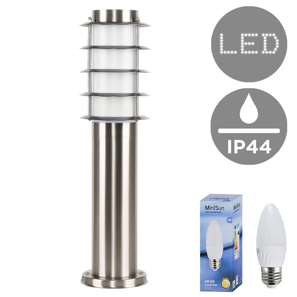 Modern Outdoor Stainless Steel 450mm Bollard Lantern Light Post - Complete with a 4w LED Candle Bulb [3000K Warm White]