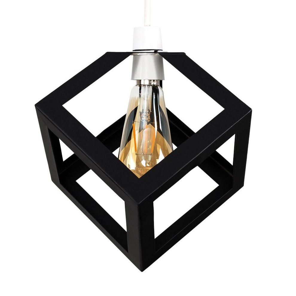 Retro Style Black Metal Puzzle Cube Design Ceiling Pendant Light Shade - With a 4w LED Amber Tinted Squirrel Cage Filament Bulb [2700K Warm White]