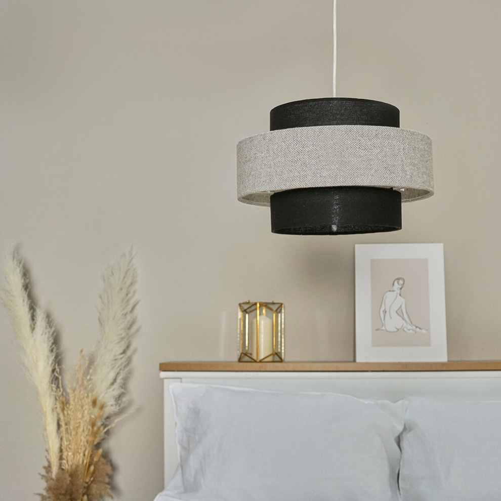 Modern Cylinder Ceiling Pendant Light Shade in a Black & Grey Herringbone Finish