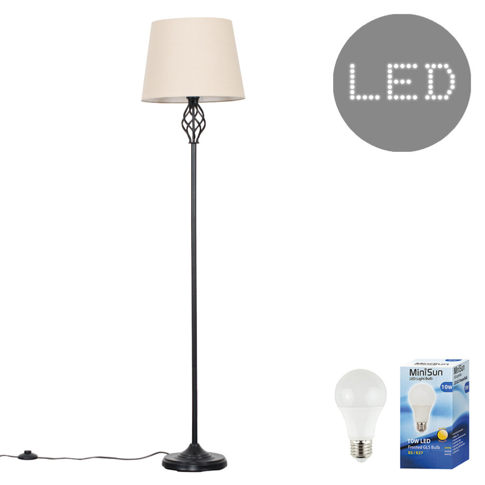 Traditional Style Black Barley Twist Floor Lamp with a Beige Tapered Light Shade - Complete with a 10w LED GLS Bulb [3000K Warm White]