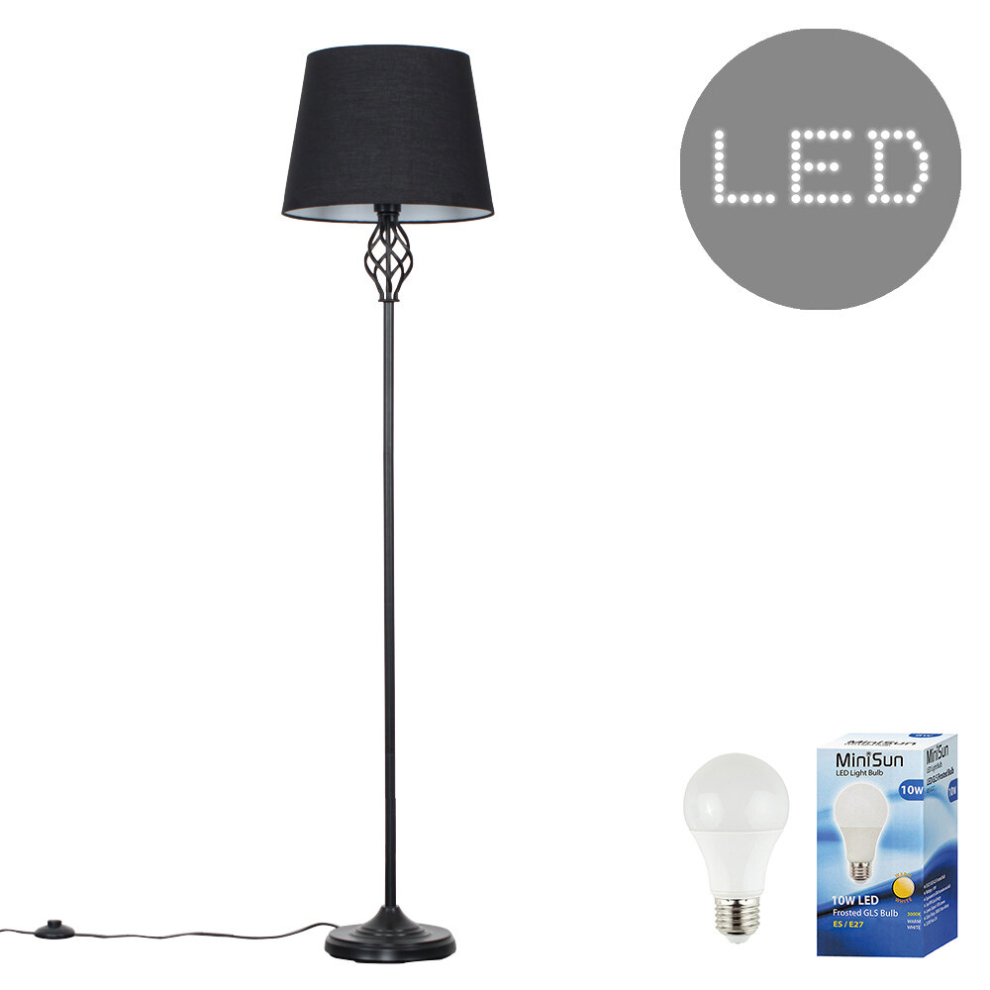 Traditional Style Black Barley Twist Floor Lamp with a Black Tapered Light Shade - Complete with a 10w LED GLS Bulb [3000K Warm White]