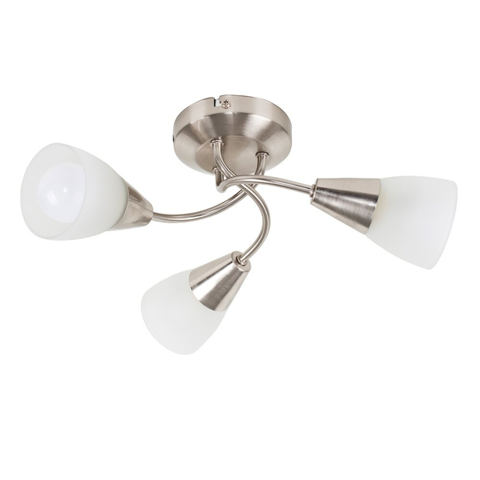 Modern 3 Way Brushed Chrome Ceiling Light Fitting with Frosted Glass Shades - Complete with a 4w LED Golfball Bulb [6500K Cool White]