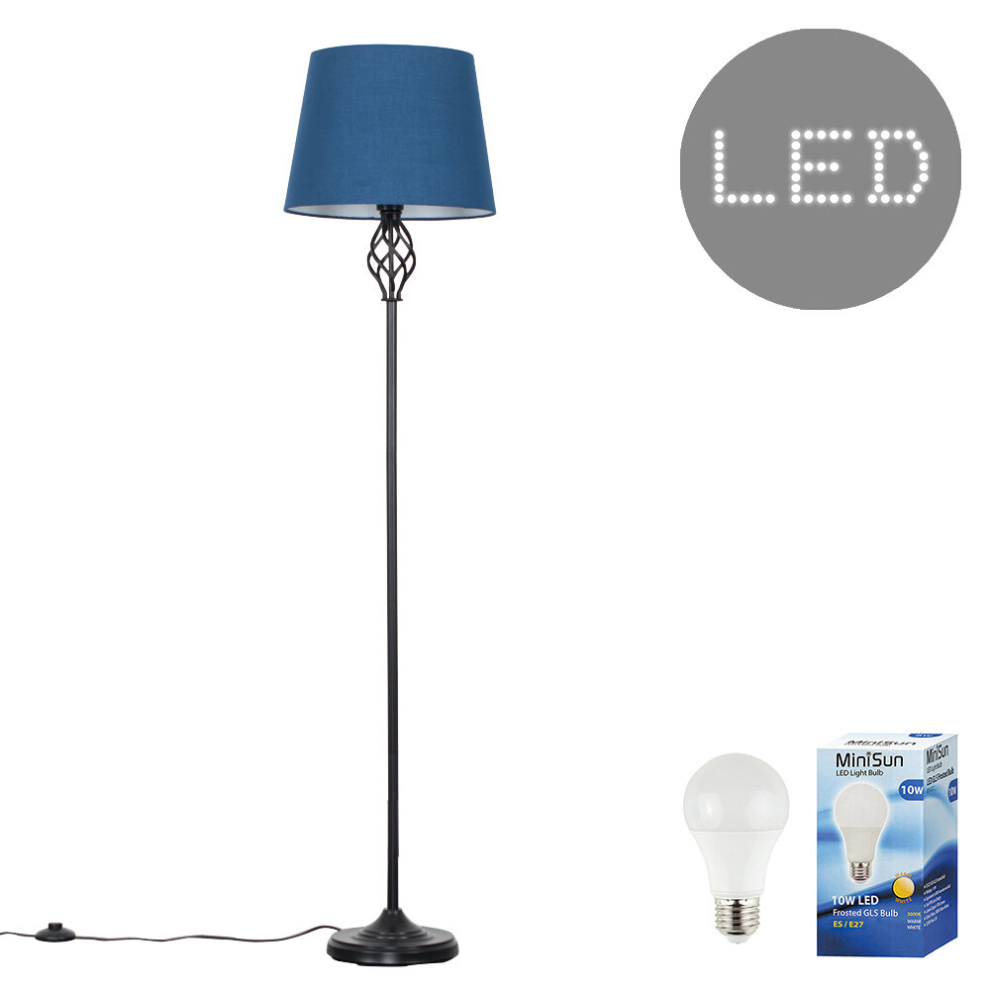 Traditional Style Black Barley Twist Floor Lamp with a Navy Blue Tapered Light Shade - Complete with a 10w LED GLS Bulb [3000K Warm White]