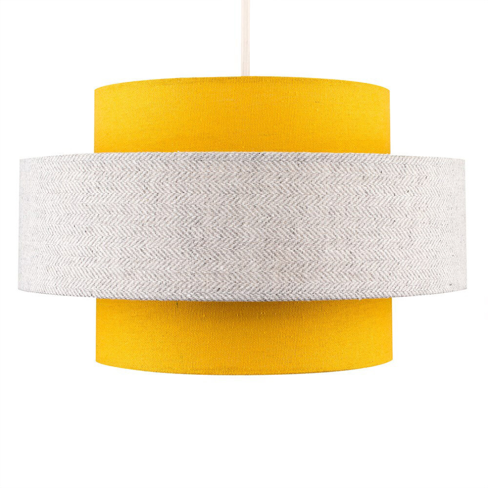 Modern Cylinder Ceiling Pendant Light Shade in a Mustard & Grey Herringbone Finish - Complete with a 10w LED GLS Light Bulb [3000K Warm White]