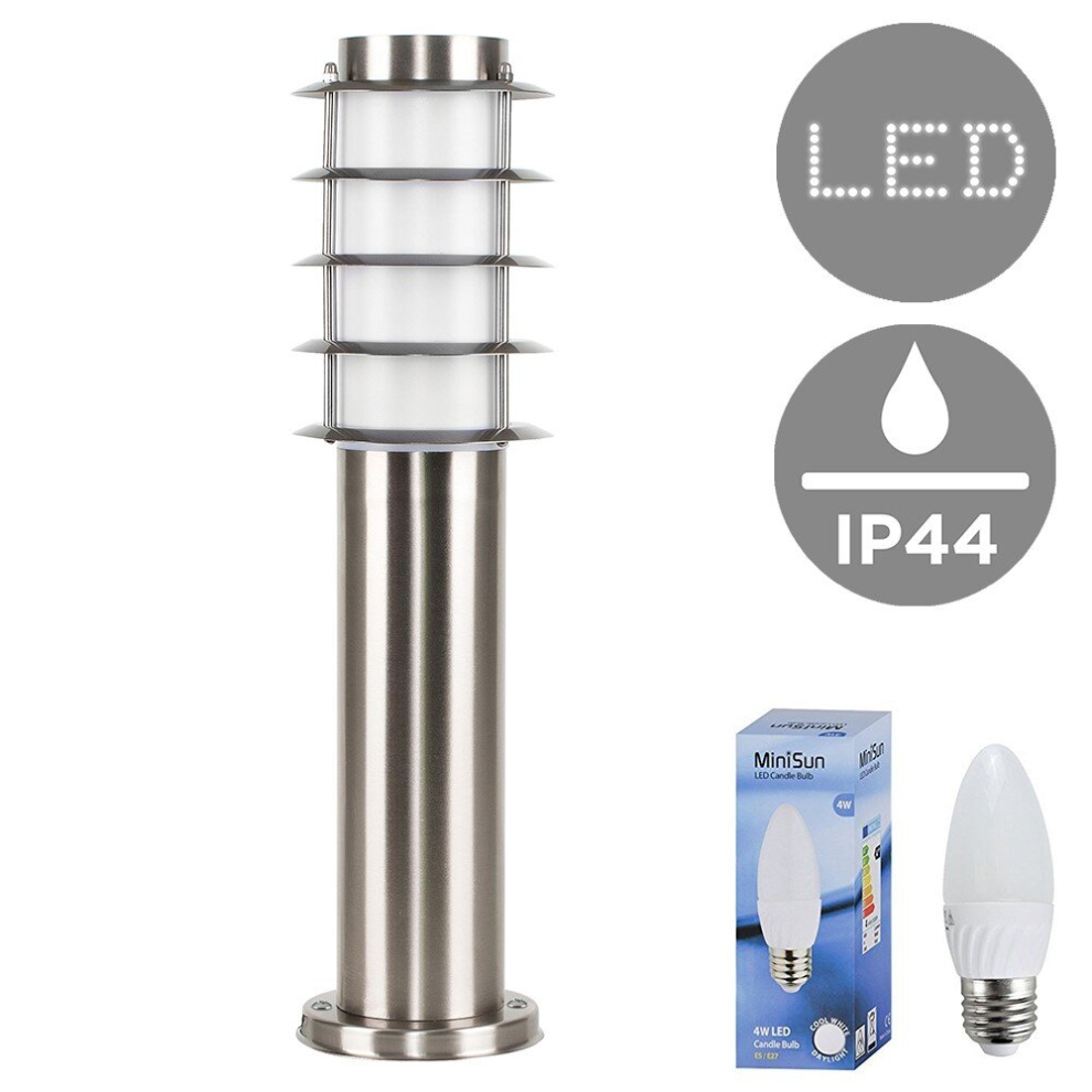 Modern Outdoor Stainless Steel 450mm Bollard Lantern Light Post - Complete with a 4w LED Candle Bulb [6500K Cool White]