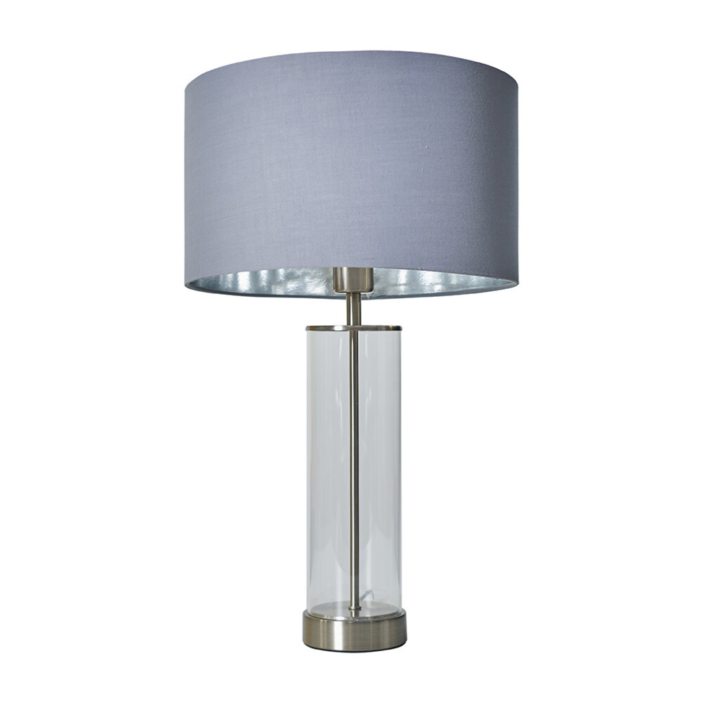 Contemporary Brushed Chrome & Clear Tube Table Lamp with a Grey/Chrome Cylinder Shade - Complete with a 4w LED Globe Bulb [3000K Warm White]