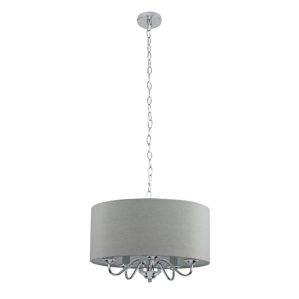 Modern Chrome 5 Way Curved Arm Grey Linen Slimline Drum Ceiling Light Pendant - Complete with 4w LED Candle Bulbs [3000K Warm White]