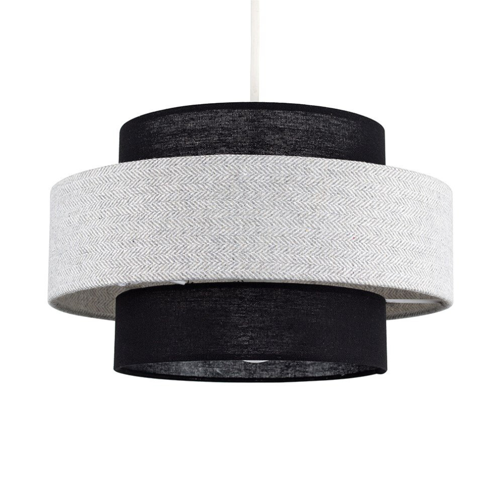 Modern Cylinder Ceiling Pendant Light Shade in a Black & Grey Herringbone Finish - Complete with a 10w LED GLS Bulb [3000K Warm White]