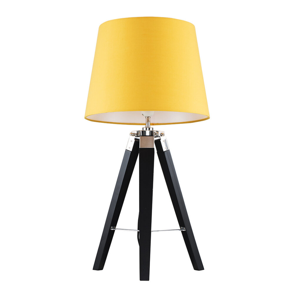 Modern Black Wood and Silver Chrome Tripod Table Lamp with a Mustard Tapered Light Shade