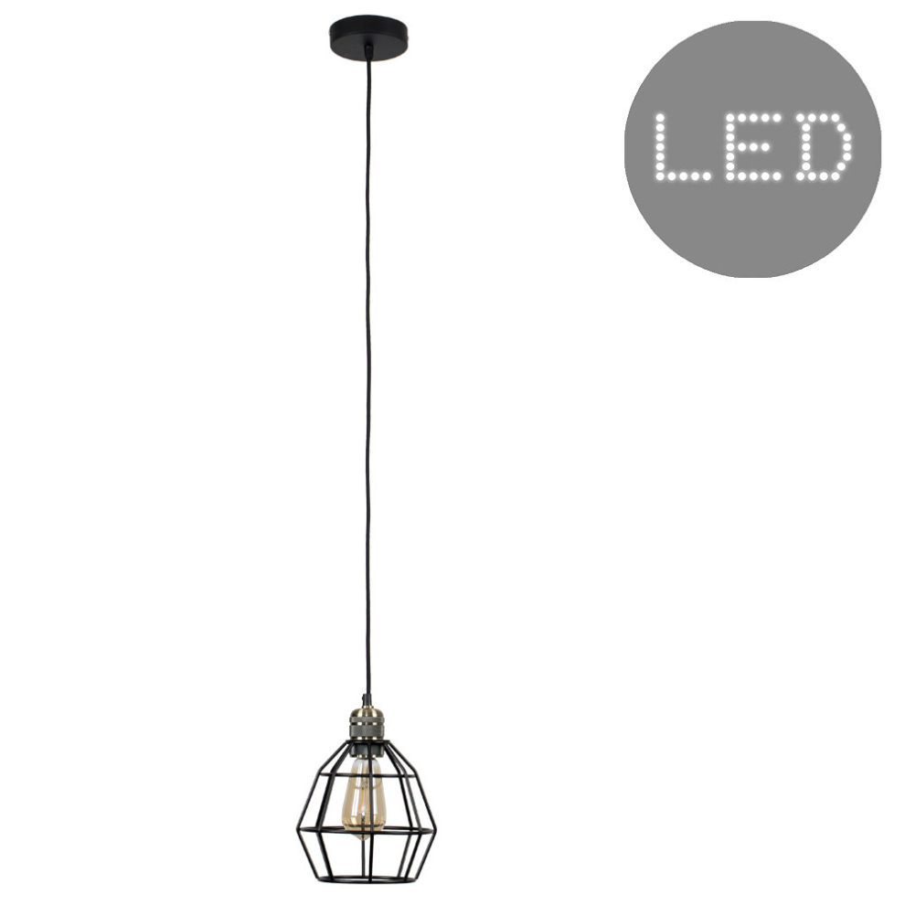 Modern Antique Brass Ceiling Rose & Flex Lampholder Fitting with a Black Basket Shade - Complete with a 4w LED Filament Light Bulb [2700K Warm White]