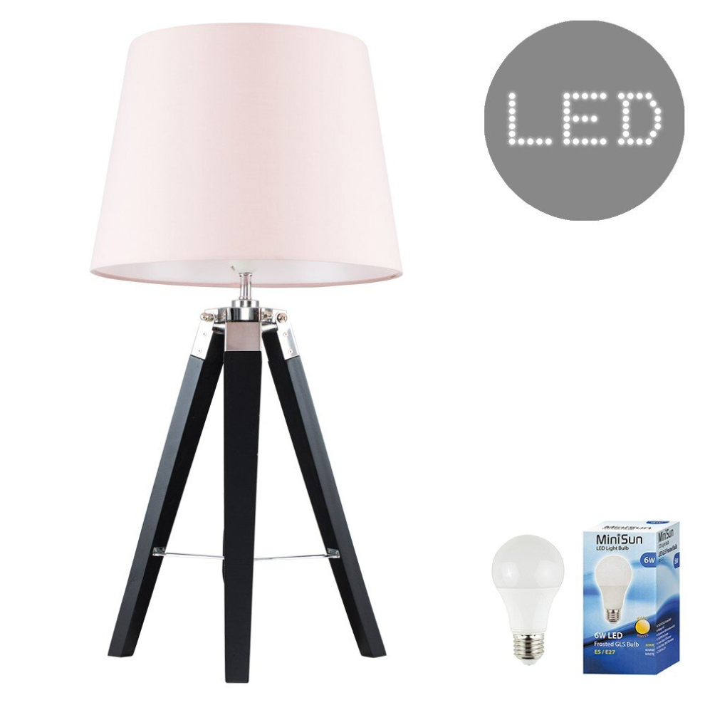 Modern Black Wood and Silver Chrome Tripod Table Lamp with a Pink Tapered Light Shade - Complete with a 6w LED Bulb [3000K Warm White]