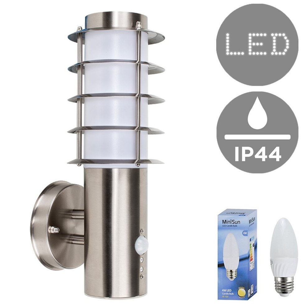 Modern Outdoor Decorative PIR Sensor Stainless Steel Wall Light Lantern - Complete with a 4w LED Candle Bulb [3000K Warm White]