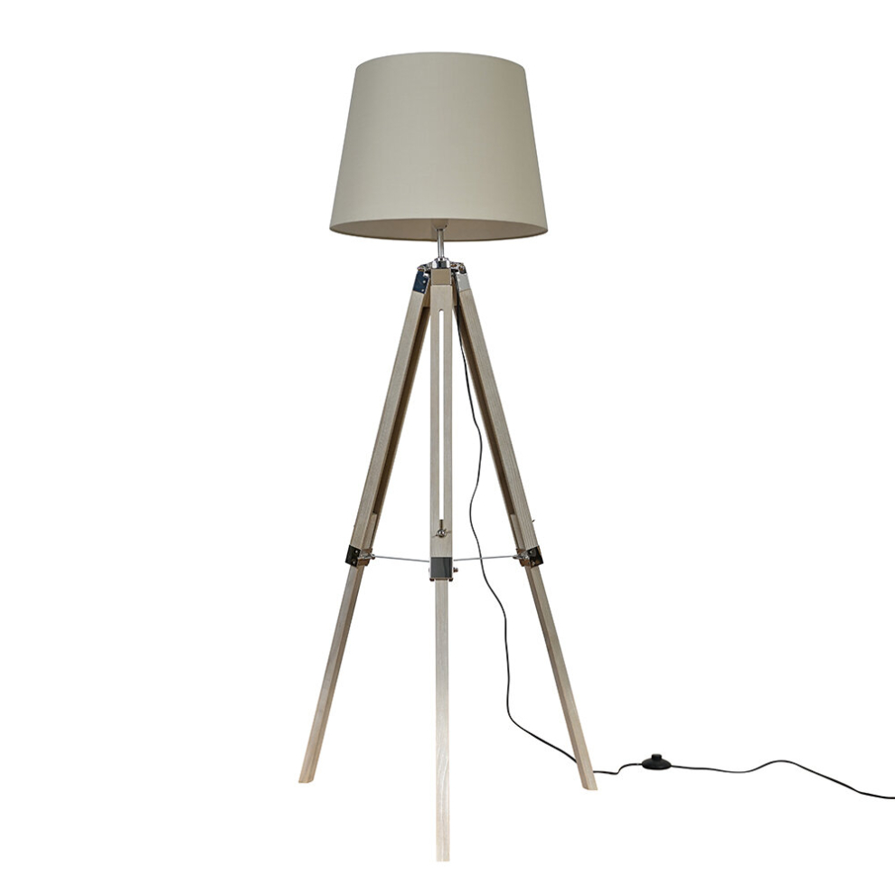 Modern Distressed Wood and Silver Chrome Tripod Floor Lamp with a Beige Tapered Light Shade - Complete with a 6w LED GLS Bulb [3000K Warm White]