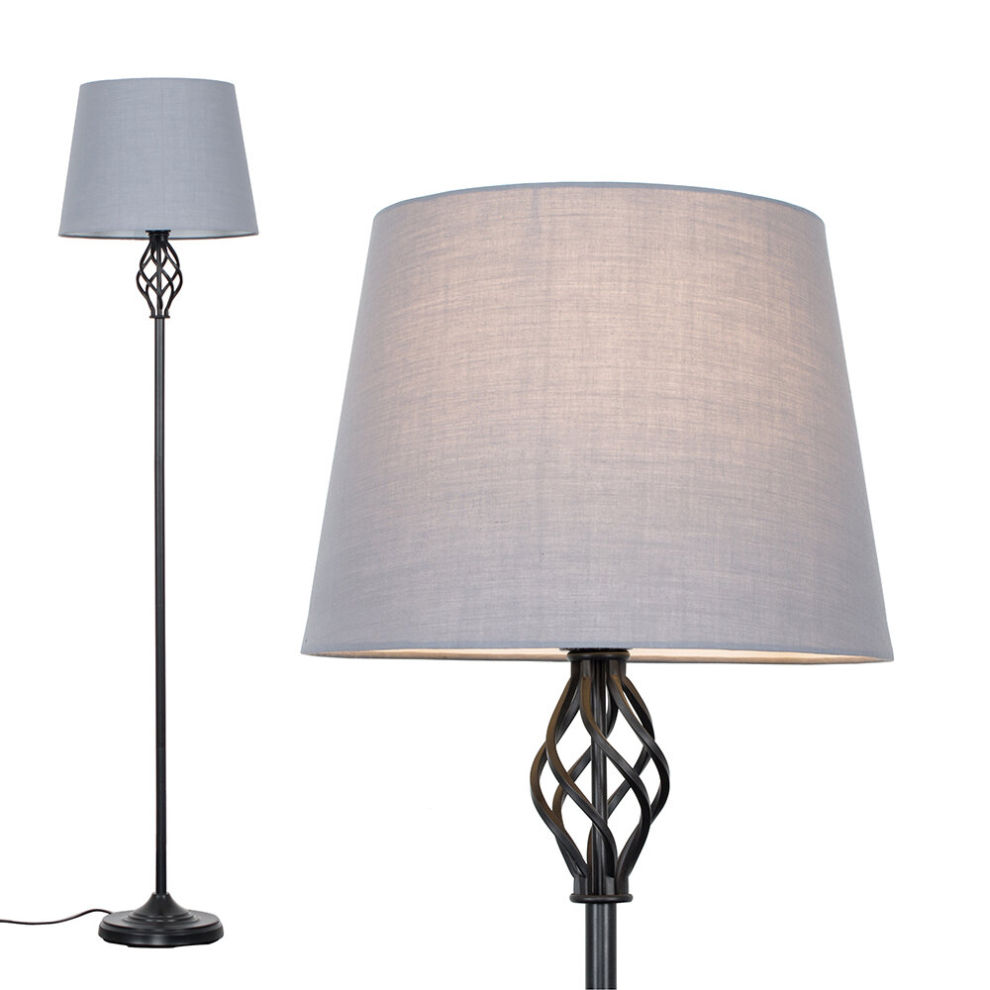 Traditional Style Black Barley Twist Floor Lamp with a Grey Tapered Light Shade