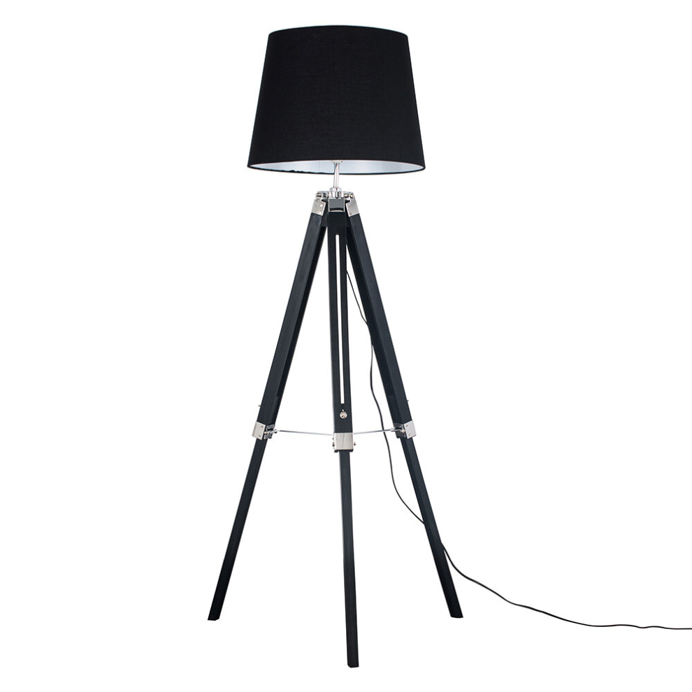 Modern Black Wood and Silver Chrome Tripod Floor Lamp with a Black Tapered Light Shade