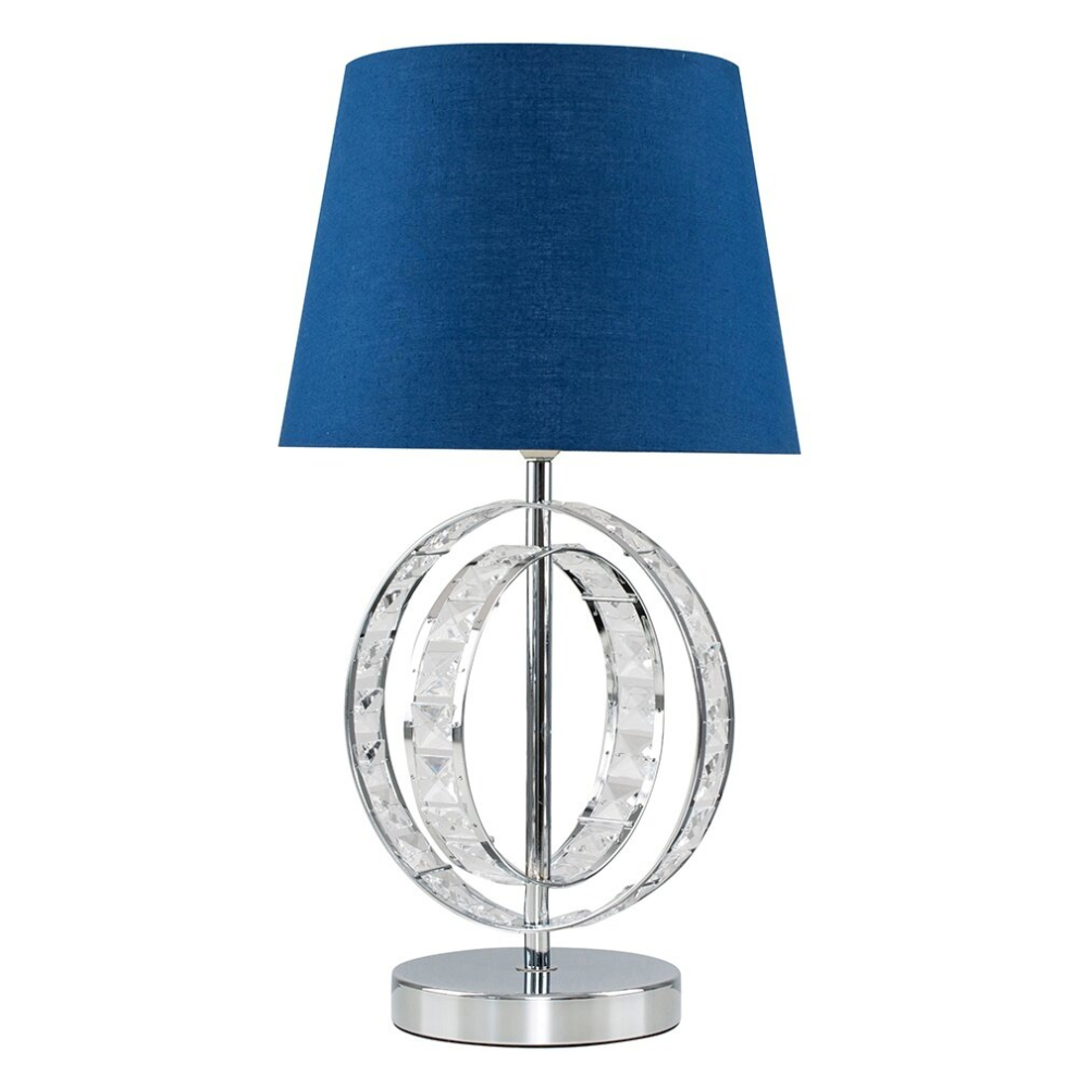 Chrome Acrylic Jewel Double Hoop Design Table Lamp with a Navy Blue Polycotton Tapered Light Shade - With a 4w LED Bulb [3000K Warm White]