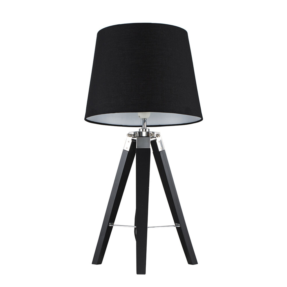 Modern Black Wood and Silver Chrome Tripod Table Lamp with a Black Tapered Light Shade