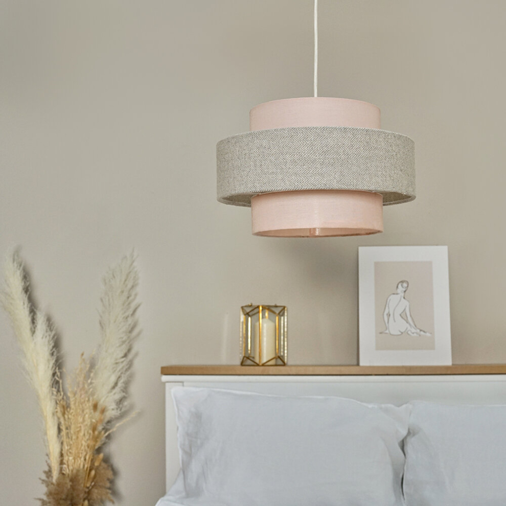 Modern Cylinder Ceiling Pendant Light Shade in a Pink & Grey Herringbone Finish - Complete with a 10w LED GLS Bulb [3000K Warm White]