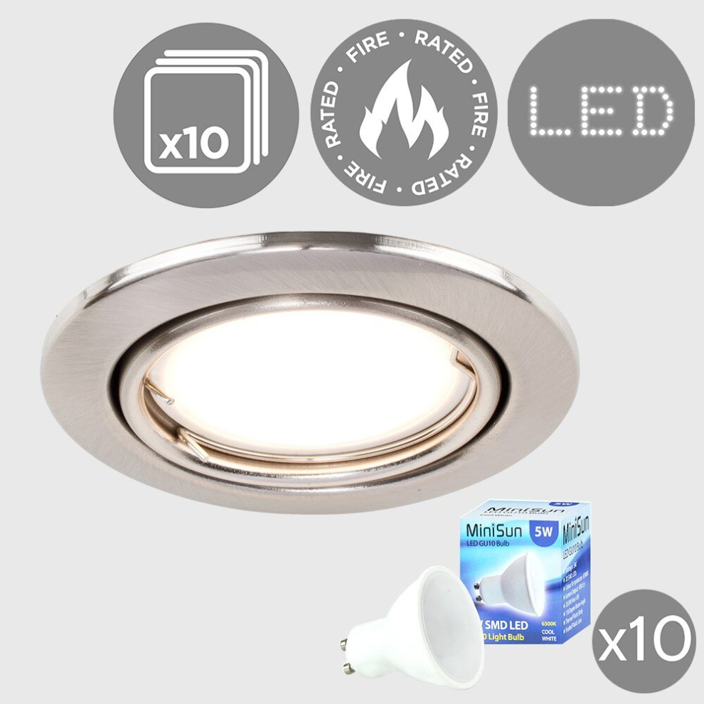 Pack of 10 - Fire Rated Brushed Chrome Tiltable GU10 Recessed Ceiling Downlights - Complete with 5w LED Bulbs [6500K Cool White]