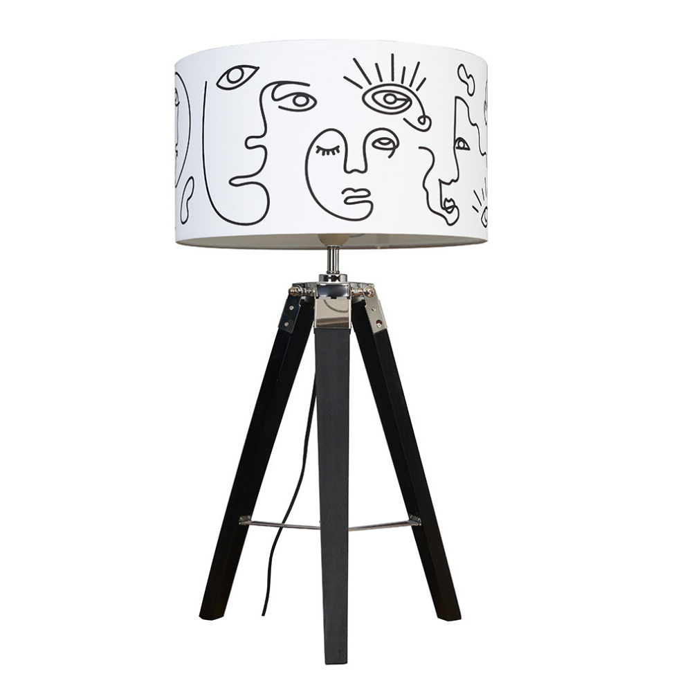 Modern Black Wood and Silver Chrome Tripod Table Lamp with a White Artistic Portrait Design Shade - With a 6w LED GLS Bulb [3000K Warm White]