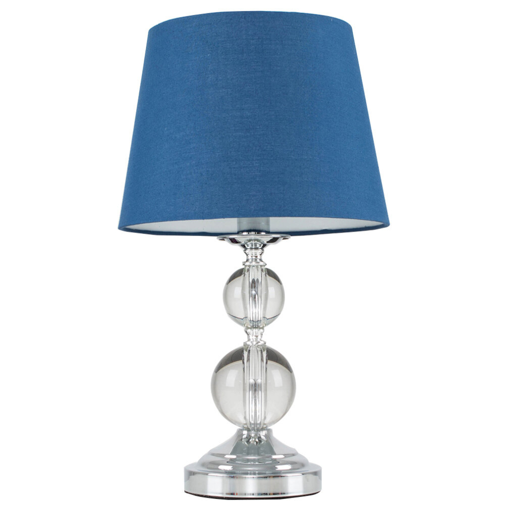 Modern Polished Chrome & Acrylic Ball Touch Table Lamp with a Navy Blue Tapered Light Shade
