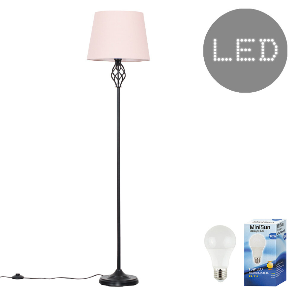 Traditional Style Black Barley Twist Floor Lamp with a Pink Tapered Light Shade - Complete with a 10w LED GLS Bulb [3000K Warm White]