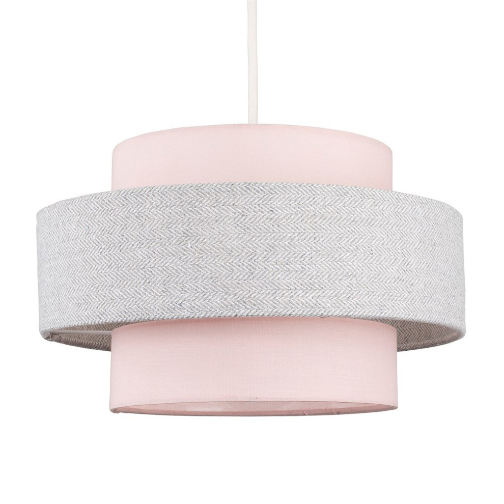 Modern Cylinder Ceiling Pendant Light Shade in a Pink & Grey Herringbone Finish - Complete with a 10w LED GLS Bulb [3000K Warm White]