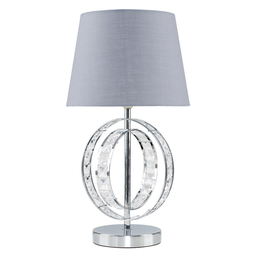 Chrome Acrylic Jewel Intertwined Double Hoop Design Table Lamp with a Grey Polycotton Tapered Light Shade - With a 4w LED Bulb [3000K Warm White]