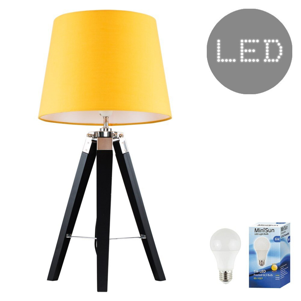 Modern Black Wood and Silver Chrome Tripod Table Lamp with a Mustard Tapered Light Shade - Complete with a 6w LED Bulb [3000K Warm White]