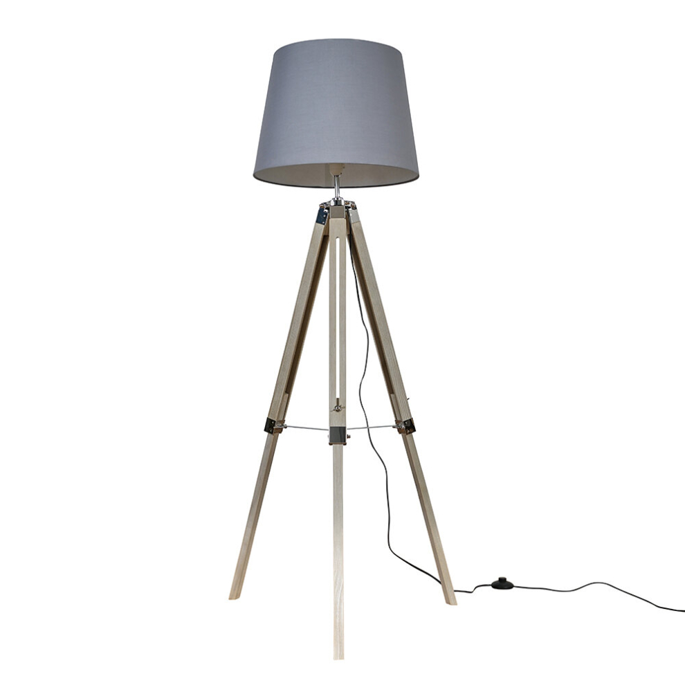 Modern Distressed Wood and Silver Chrome Tripod Floor Lamp with a Grey Tapered Light Shade - Complete with a 6w LED GLS Bulb [3000K Warm White]