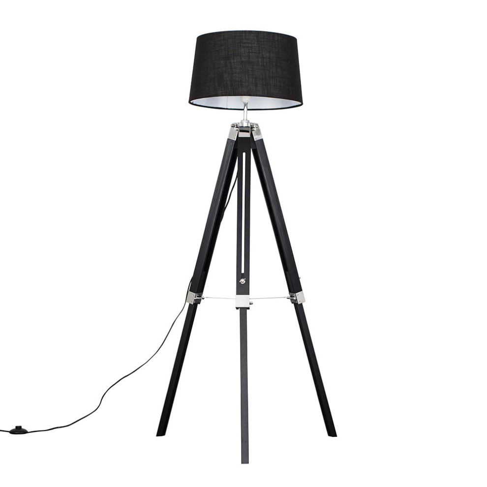 Modern Black Wood and Silver Chrome Tripod Floor Lamp with a Black Tapered Shade - Complete with a 6w LED GLS Bulb [3000K Warm White]