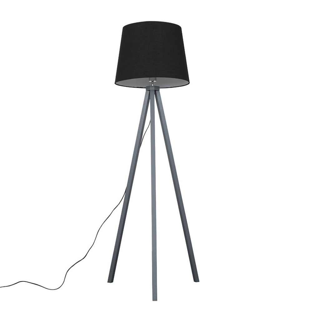 Modern Grey Wood Tripod Design Floor Lamp with a Black Tapered Shade - Complete with a 6w LED Bulb [3000K Warm White]